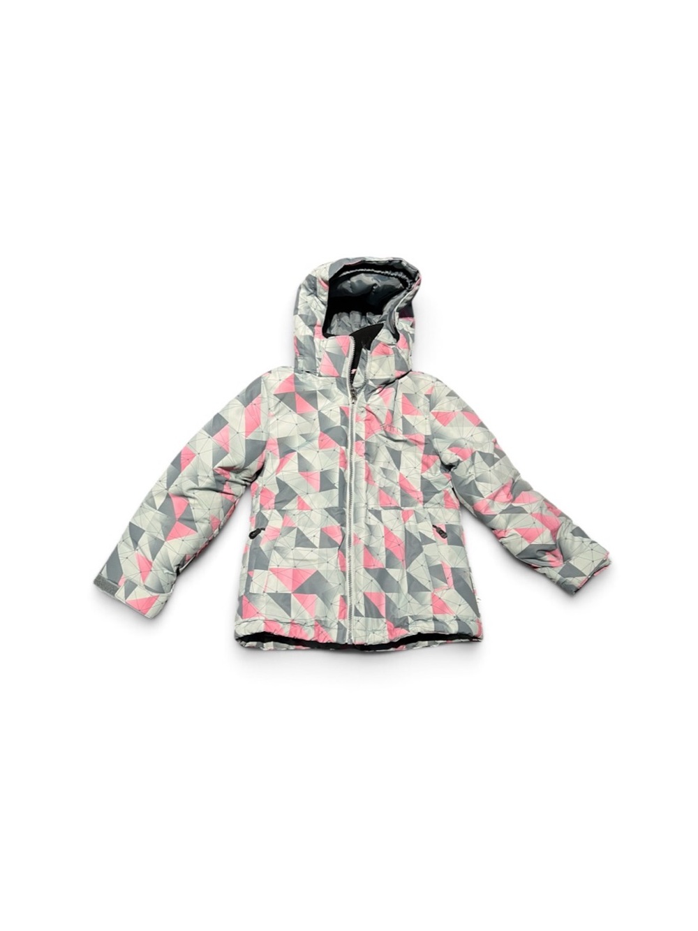 Kids Hooded Geometric Puffer Jacket in Pink & Gray
